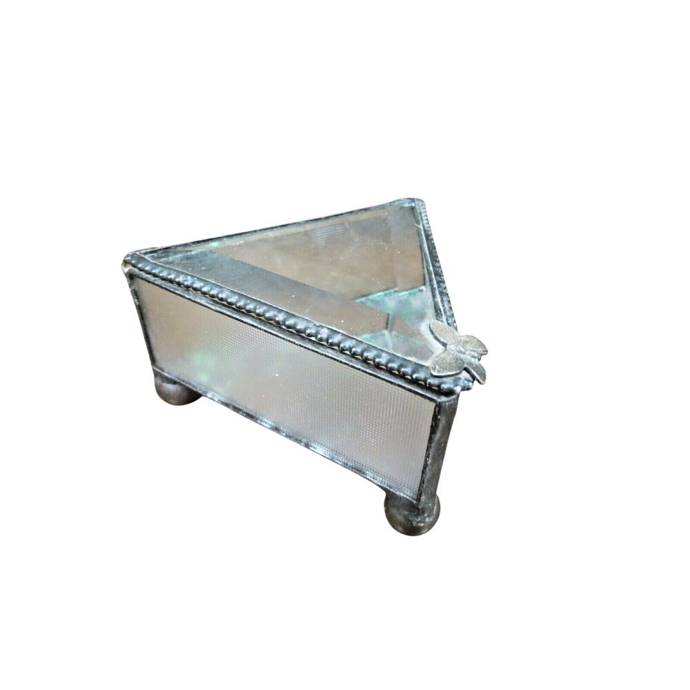 Vintage Glass Trinket Box Or Jewelry Box - Butterfly Accent, Hinged Beveled Top